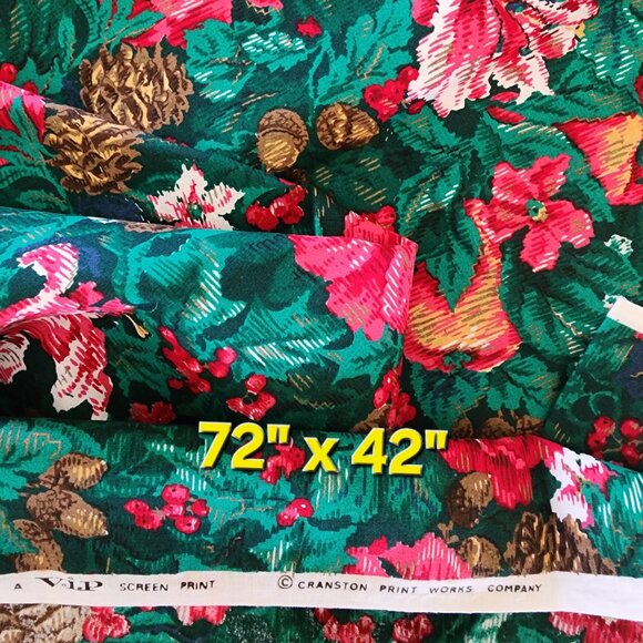 Red Green Floral Holly Pinecone Cotton Holiday Print Vintage Material - 72" x 42 - Picture 2 of 6